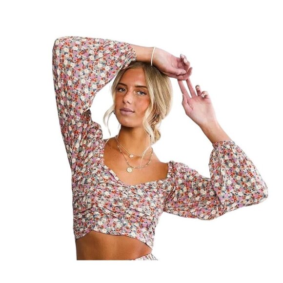BILLABONG THE SALTY BLONDE Free Love Crop Top Sz M Multicolor Floral Puff Sleeve - Picture 1 of 16
